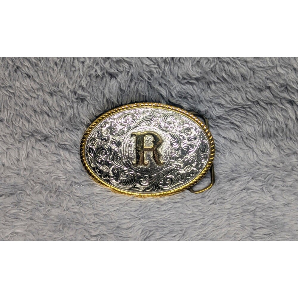 Heritage Collection Western Belt Buckle Gold Silver Tone "R" Initial